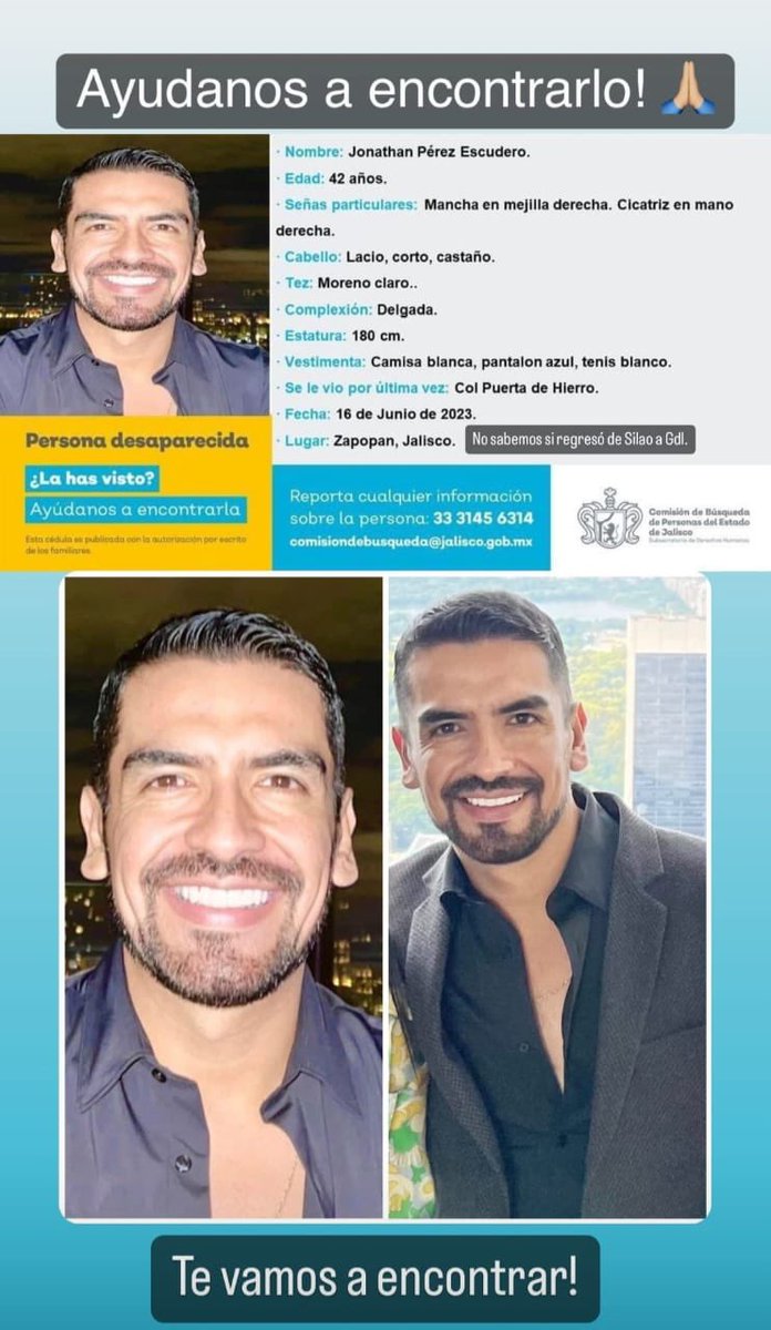 Ayúdenme a encontrarlo, desapareció desde el 16 de Junio!!!
<a href="/Claudiashein/">Claudia Sheinbaum Pardo</a> <a href="/c4jimenez/">Carlos Jiménez</a> <a href="/EnriqueAlfaroR/">Enrique Alfaro</a> <a href="/CNDH/">CNDH en México</a> <a href="/omarfayad/">Omar Fayad</a> <a href="/diegosinhue/">Diego Sinhue Rodríguez Vallejo</a> <a href="/lopezobrador_/">Andrés Manuel</a> <a href="/FiscaliaCDMX/">Fiscalía CDMX</a> <a href="/FiscaliaJal/">Fiscalía del Estado de Jalisco</a> <a href="/NoticieroHechos/">Noticiero Hechos 📱💬</a> <a href="/CiroGomezL/">Ciro Gómez Leyva</a> <a href="/Busqueda_MX/">Comisión Nal. de Búsqueda Mx</a> <a href="/busqueda_cdmx/">Comisión de Búsqueda CDMX</a>
