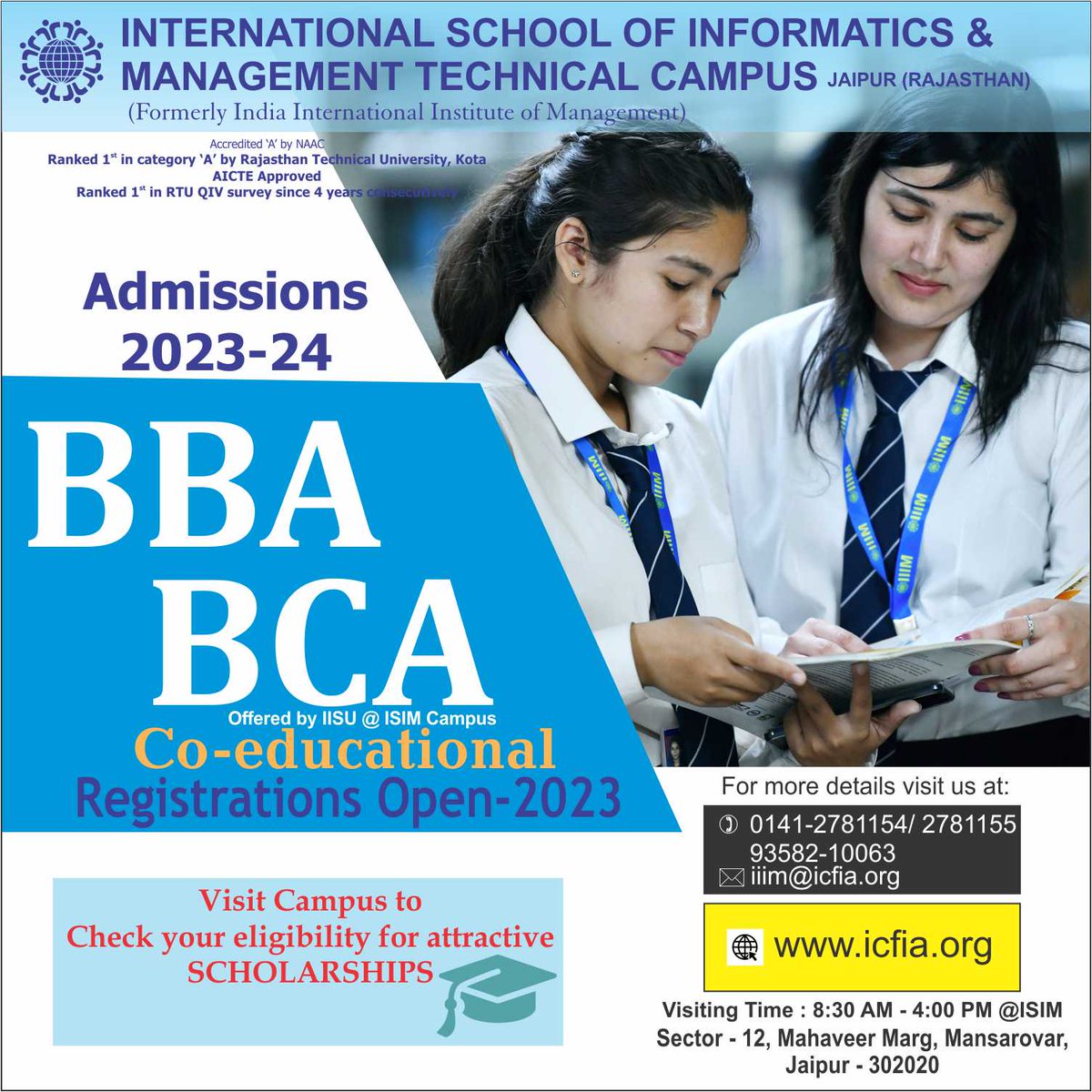 Visit us between (08:30 AM to 04:00 PM)
Reach us: 0141-2781154 / 0141-2781155
For inquiry :
lnkd.in/f7N3EVd

#AdmissionsOpen #admissions2023 - 24 #pgcourses #mba #MCA #ComputerApplications #CareerOpportunities #SoftwareEngineer #DatabaseAdministrator #NetworkAdministrator