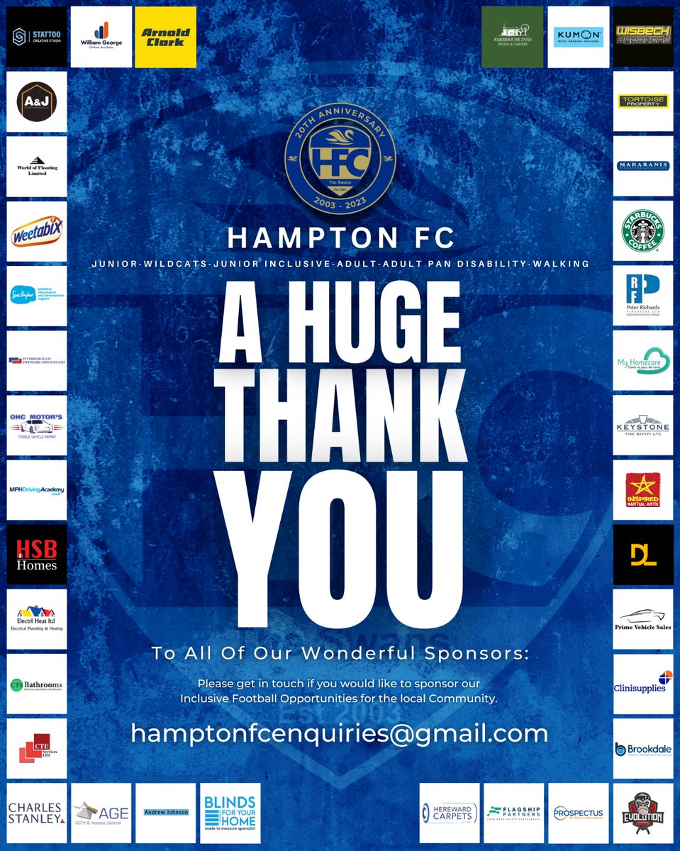 HamptonFCPeter1's tweet photo. Hampton FC are run on a non-profit basis by volunteers.

We are extremely grateful to all of our wonderful Sponsors - who provide valuable support for our Teams.

Please get in touch if you are able to help us provide even more football opportunities.

@HuntsFA 
@PDJALUK https://t.co/gk5ani1TPw