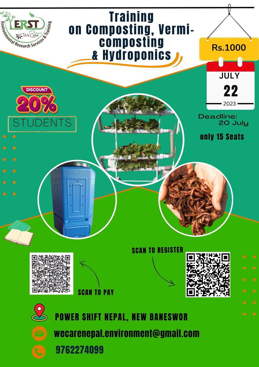 Application is now open for hands-on Introductory, Learning and training on Composting, Vermicomposting, and Hydroponics on 2023 July 22 Saturday. Please fill out the form below. Scan the QR code in the flyer for payment and fill out the form. Deadline: 2023 July 20 (4th Shrawan