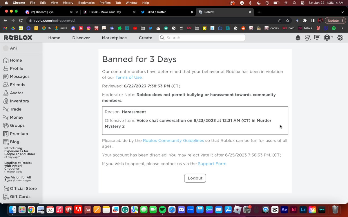 anilikesherself's tweet photo. guyssss my account has been banned yet again :') #roblox #ban #report #robloxmoderation #moderation #termsofservice #robloxtos #fixmod #fixmoderation #falseban #emptyban #givememyaccountback https://t.co/LUOi9Wk6Pr