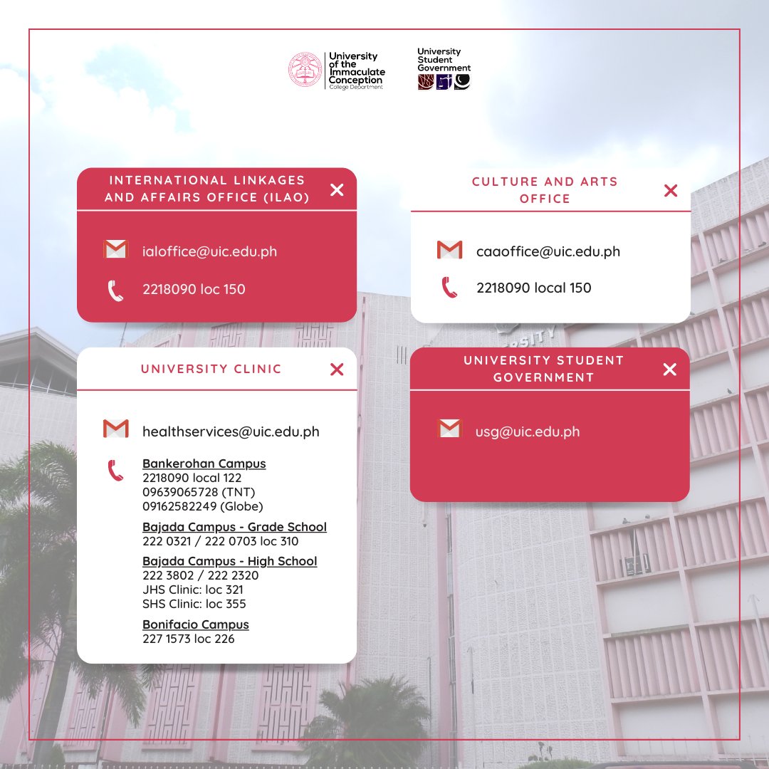 usguic's tweet photo. 𝗟𝗢𝗢𝗞 | Do you have any questions or concerns for the university? 📢
 
Don't worry! Check out our updated contact details for UIC Student Affairs Services. Feel free to connect using the phone numbers and email addresses below. 

May God bless and support your journey at UIC. https://t.co/cF9vdPiJzs