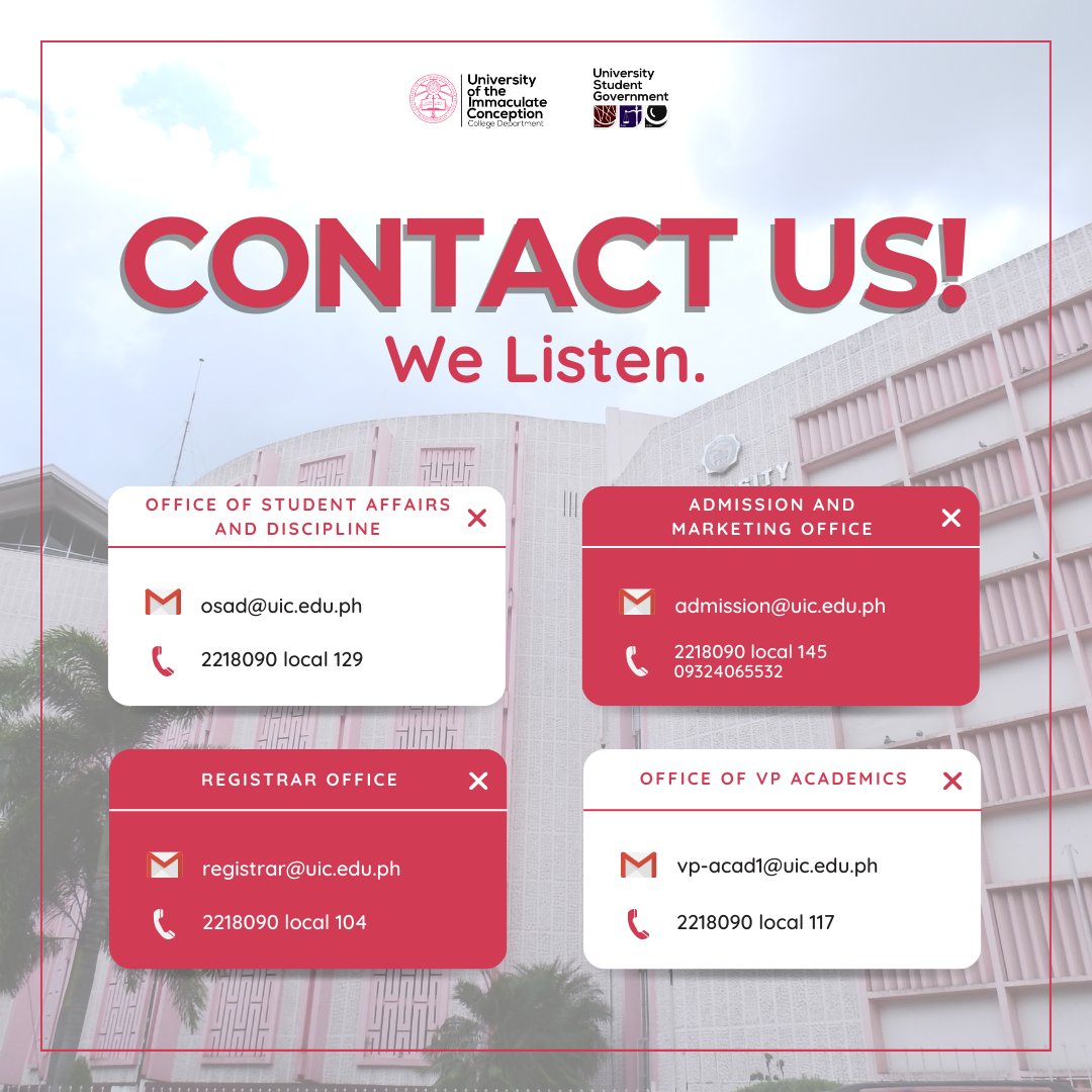 usguic's tweet photo. 𝗟𝗢𝗢𝗞 | Do you have any questions or concerns for the university? 📢
 
Don't worry! Check out our updated contact details for UIC Student Affairs Services. Feel free to connect using the phone numbers and email addresses below. 

May God bless and support your journey at UIC. https://t.co/cF9vdPiJzs