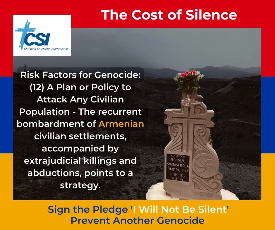 Risk Factors for Genocide: (12) A Plan or Policy to Attack Any Civilian Population - The recurrent bombardment of Armenian civilian settlements, accompanied by extrajudicial killings and abductions, points to a strategy. Sign the pledge: linktr.ee/csi_humanrights
#ArtsakhBlockade