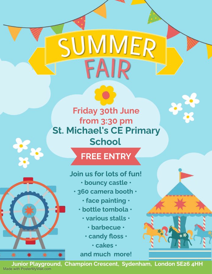StMichaels1871's tweet photo. ST MICHAELโS CE PRIMARY SCHOOL SUMMER FAIR ๐
Come along and join the fun on Friday 30th June!
#SummerFair #SchoolFair #Fun #Joy #BouncyCastle #360CameraBooth #FacePainting #BottleTombola #CandyFloss #BBQ #Cakes #Fundraising https://t.co/gvM6KkRvHk
