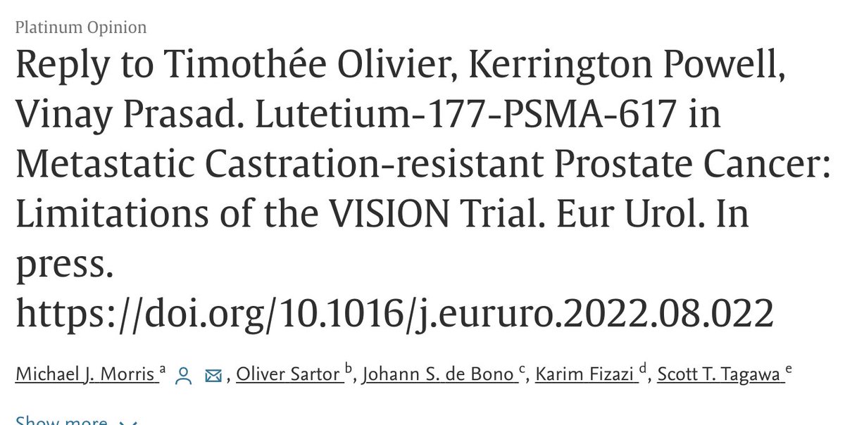Interesting discussion in @EUplatinum about control arm/design of VISION trial

Ultimately, while Lu-PSMA is highly active (⬆️ PSA RR, PFS, QoL), results from TheraP (not powered for OS) bring into question if it actually ⬆️ OS against 'optimal' SOC in 3L mCR #prostatecancer