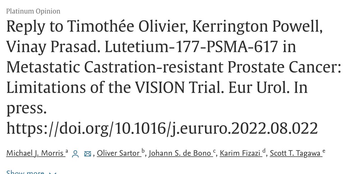 AzadOncology's tweet photo. Interesting discussion in @EUplatinum about control arm/design of VISION trial

Ultimately, while Lu-PSMA is highly active (⬆️ PSA RR, PFS, QoL), results from TheraP (not powered for OS) bring into question if it actually ⬆️ OS against "optimal" SOC in 3L mCR #prostatecancer https://t.co/hKGxr6HEb1