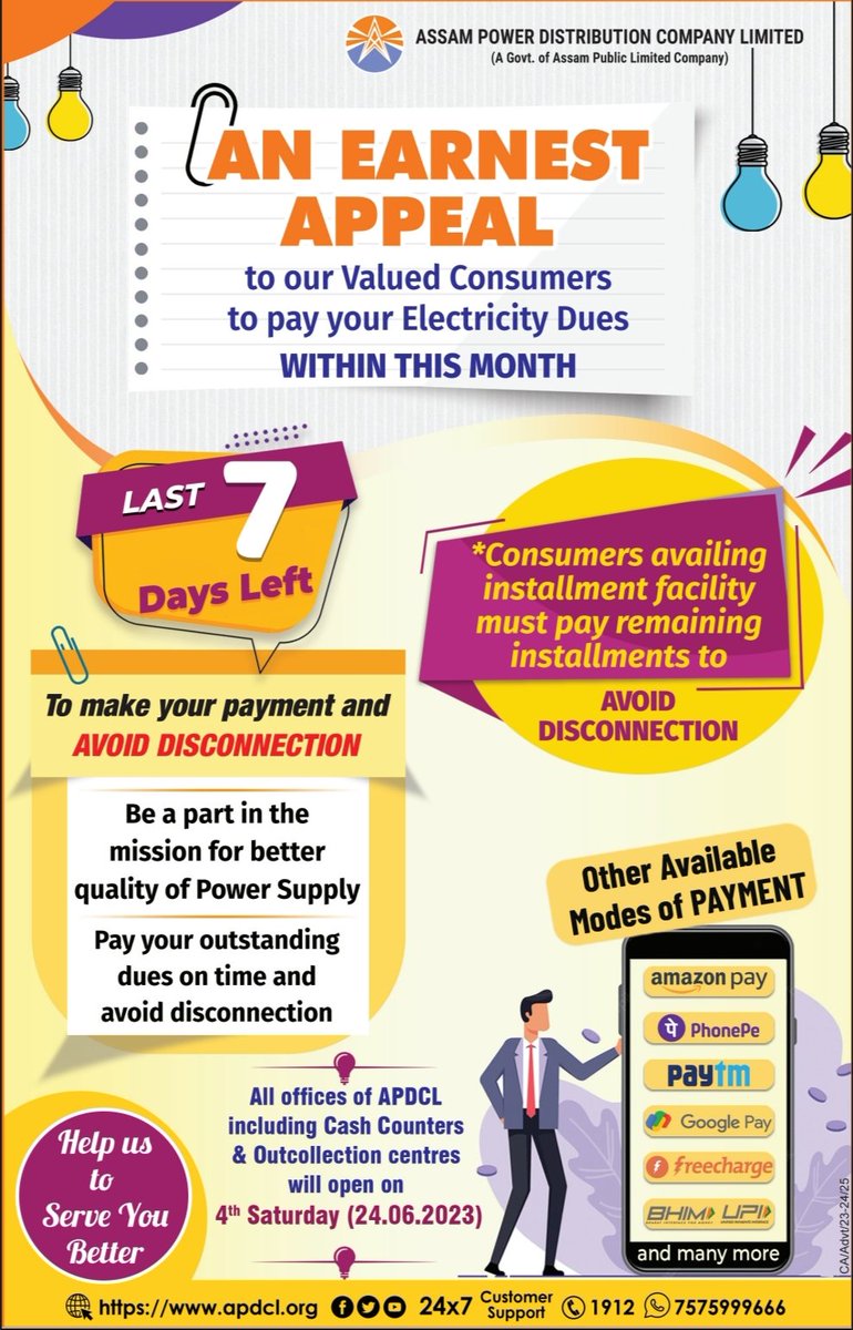 apdclsocial's tweet photo. Pay your outstanding electricity dues on time and be a part in the mission for better quality of Power Supply.
Countdown to the last 7 days to make your payment and avoid disconnection!
#ElectricityDues #ElectricityBill #BilPayment https://t.co/wR5eAGsqfm