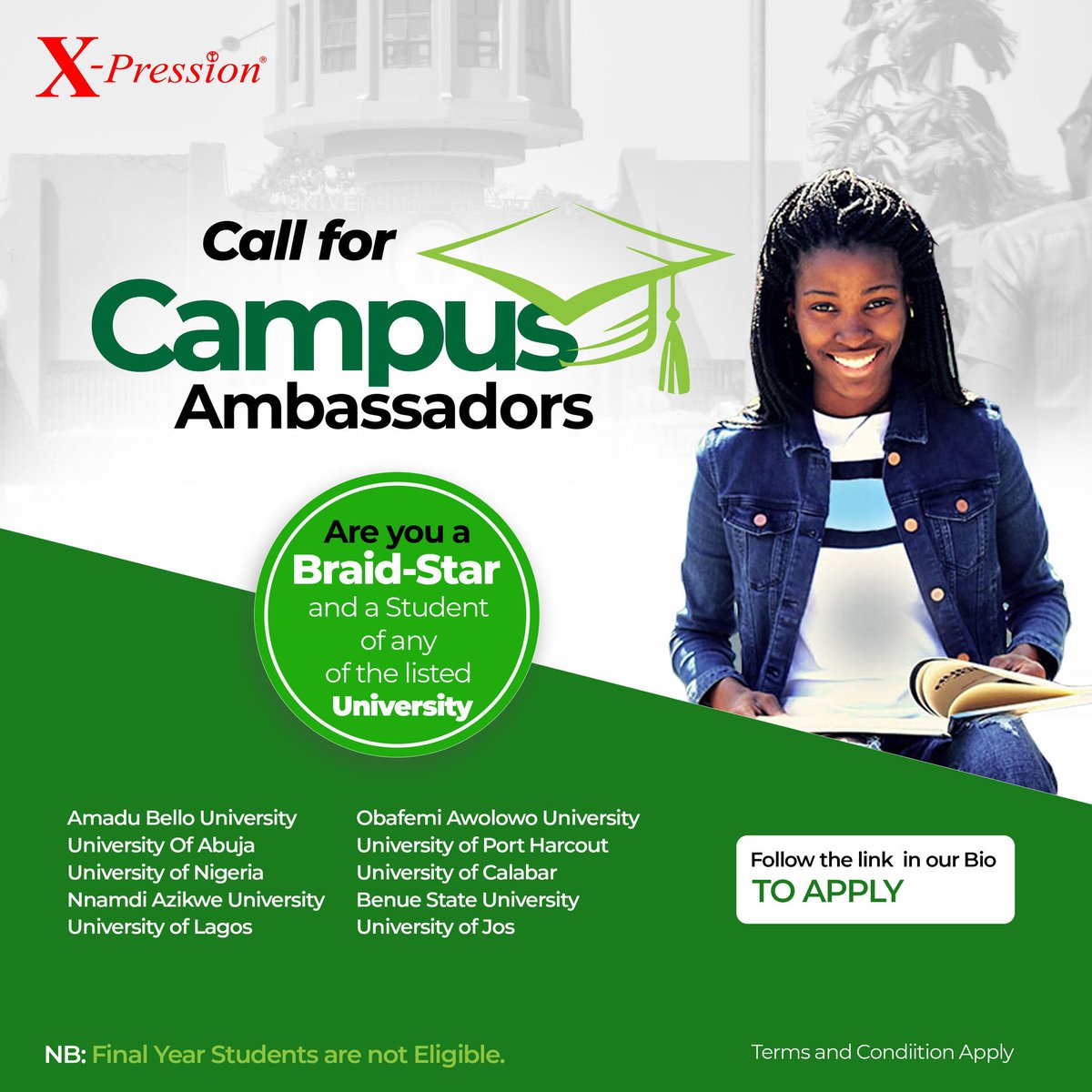 Call for Campus Ambassadors!

Join the X-pression (@xp4you) Campus Ambassadorship Program.

Learn More: instagram.com/xp4you?igshid=…