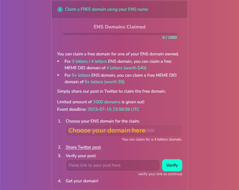 meme_did's tweet photo. 📣 Calling all #ENS holders!

Don't miss out on the chance to claim a .meme domain with your ENS. A limited supply of 1000 #domains is up for grabs!

Event deadline: 2023-07-15 23:59:59 UTC

Claim at: https://t.co/zOxNXHlFnO

#MemeDID #DID #Memes https://t.co/S8qESwJiGI