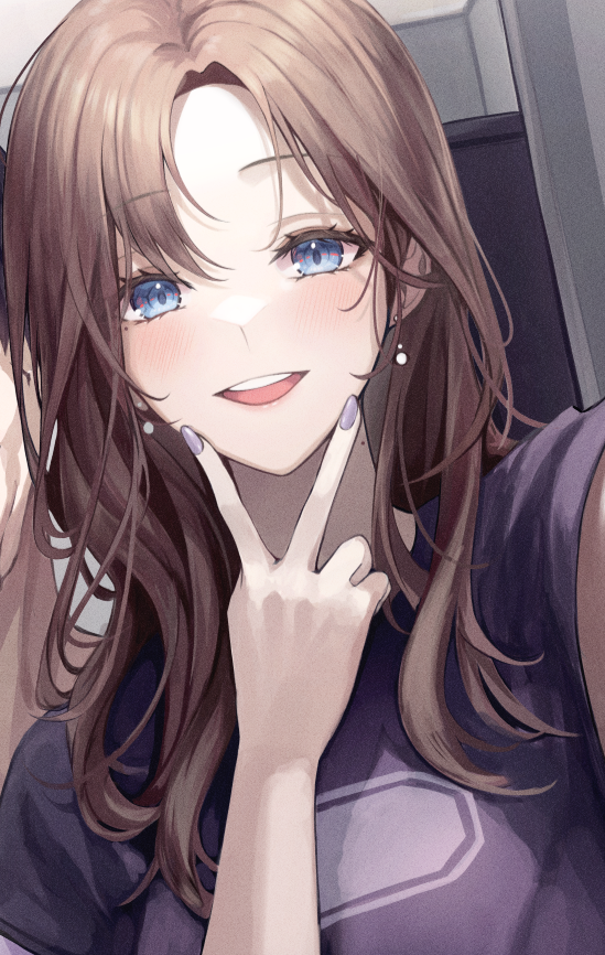 1girl brown hair blue eyes solo purple nails v selfie  illustration images