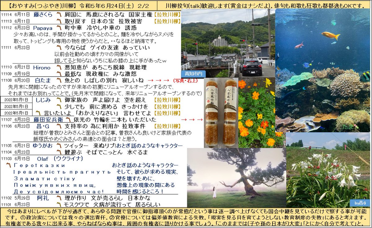 gXOH8q3MGNgGBiG's tweet photo. ＊おやすみ(つぶやき)川柳＊ ６/24(土)＊川柳は日本の庶民文化です。この時代の庶民の本音を素朴で正直な表現で詠ってみてほしい。＊令和の今「言葉狩り」等あってはなりません。☆①ツイ社につっこまれない表現②テキトーにお上品であること③軽い笑いも忘れずに。難しい高級なのは勘弁してネ。 https://t.co/wfyfWKoMOQ