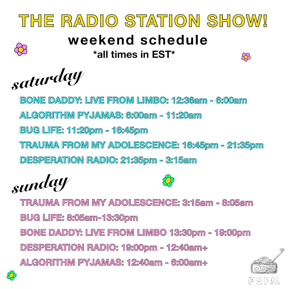 programsoundFM's tweet image. bummed cause you missed a broadcast day or an artist you were suuuuper excited for? 🥳

it&apos;s not too latee! head over to programsound.fm and check out our weekend re-broadcast, its on RIGHT NOW (starting with bone daddy: live from limbo!)

tune in!

#psfm #psfm2023