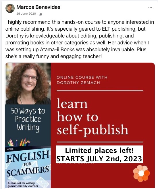 Dorothy Zemach gets rave reviews for her Self-Publishing for ELT Professionals course! With just a few places left and a week to go, it's not too late to join the growing group of enthusiastic writers and turn your idea or manuscript into reality! itdi.pro/community/cour…