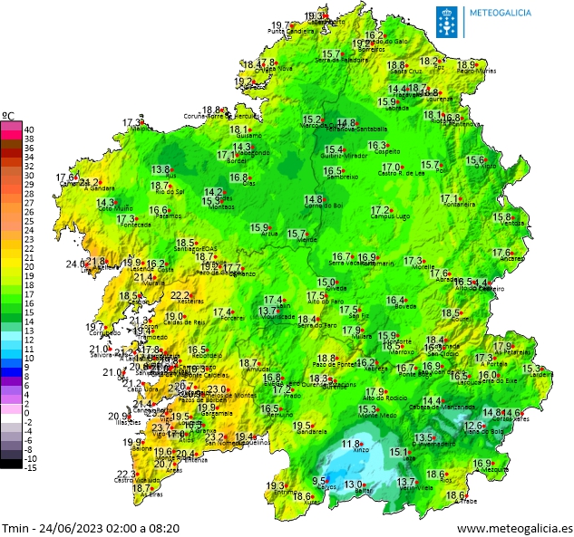 O mapa das mínimas mostra como na fachada atlántica galega os termómetros non baixaron dos 20 graos durante a madrugada.

Hoxe:

🔹Comezamos con☀️, neboas no interior e litoral norte.
🔹Itensifícase a calor 📈⚠️🥵
🔹A partir de media tarde aumenta a nubosidade no litoral oeste.