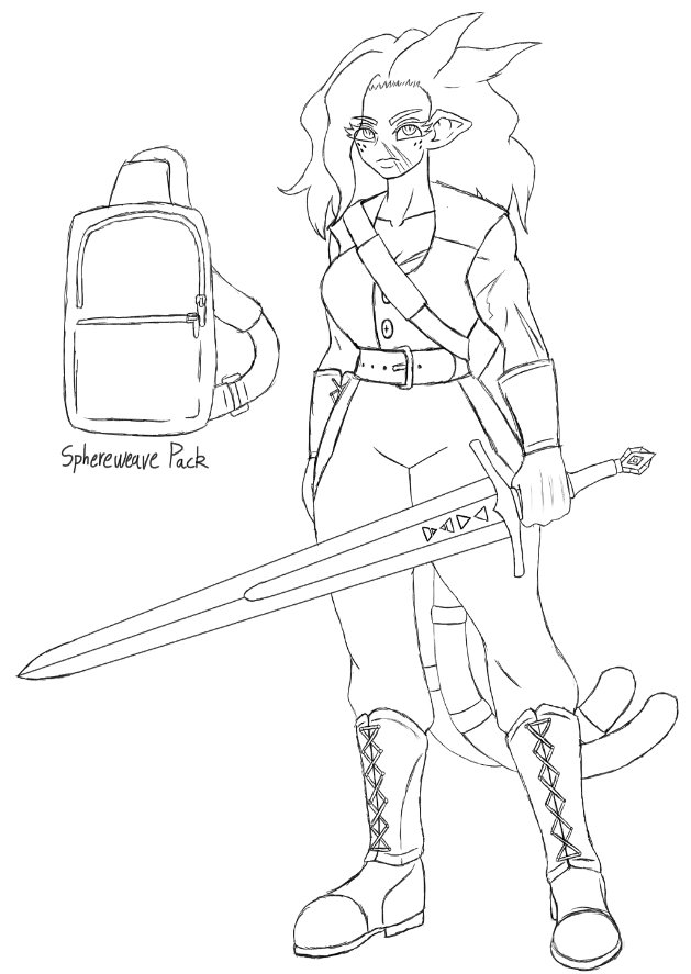 // so I've been working on her and I have a single sketch done. I plan to get a full character sheet and a second piece done soon. A buddy of mine will also be doing some art of her :)