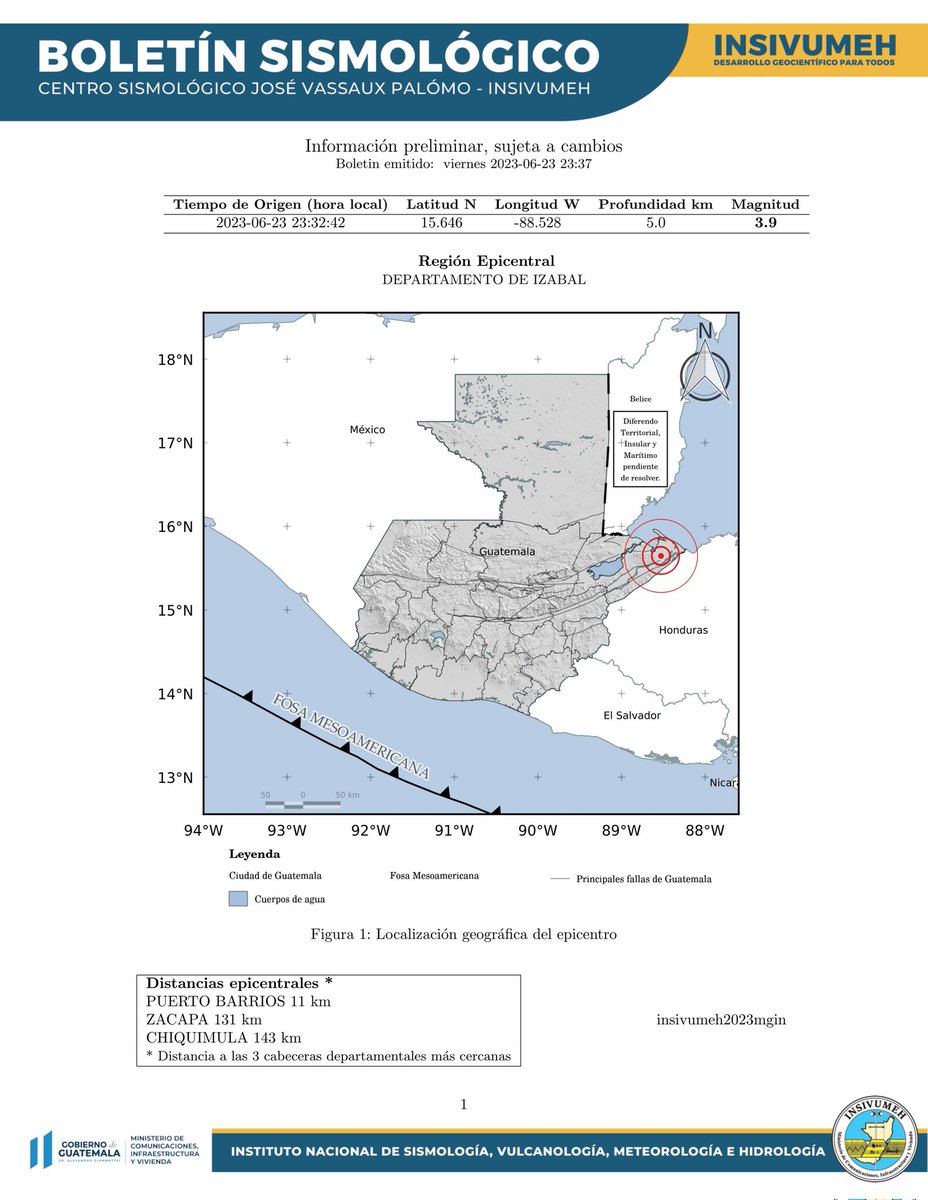 BOLETÍN SISMOLÓGICO 
Sismo registrado, región epicentral: 
Departamento de Izabal
23 de junio 2023.  23:37 hrs.

#INSIVUMEH  #Guatemala #TemblorGt #SismoGt