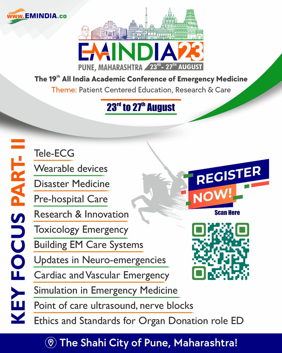 Greetings from EMINDIA23!
The 19th All India Academic Conference of Emergency Medicine
 
Discover the conference's Key Focus!
PART 2

Register Today
Scan the QR code on the poster

For more details:
emindia.co