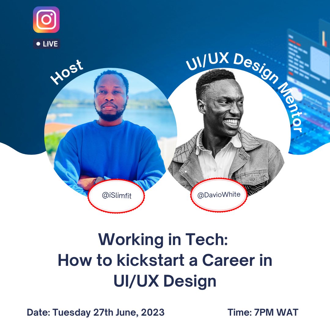 Do you want to learn how to create user-friendly interfaces that people love? Or have you just started learning UI/UX Design? 

Join me on the second edition of the “Working in Tech Series” Instagram Live on Tuesday 27th June at 7PM WAT/BST for a chat with @daviowhite, a UI/UX…