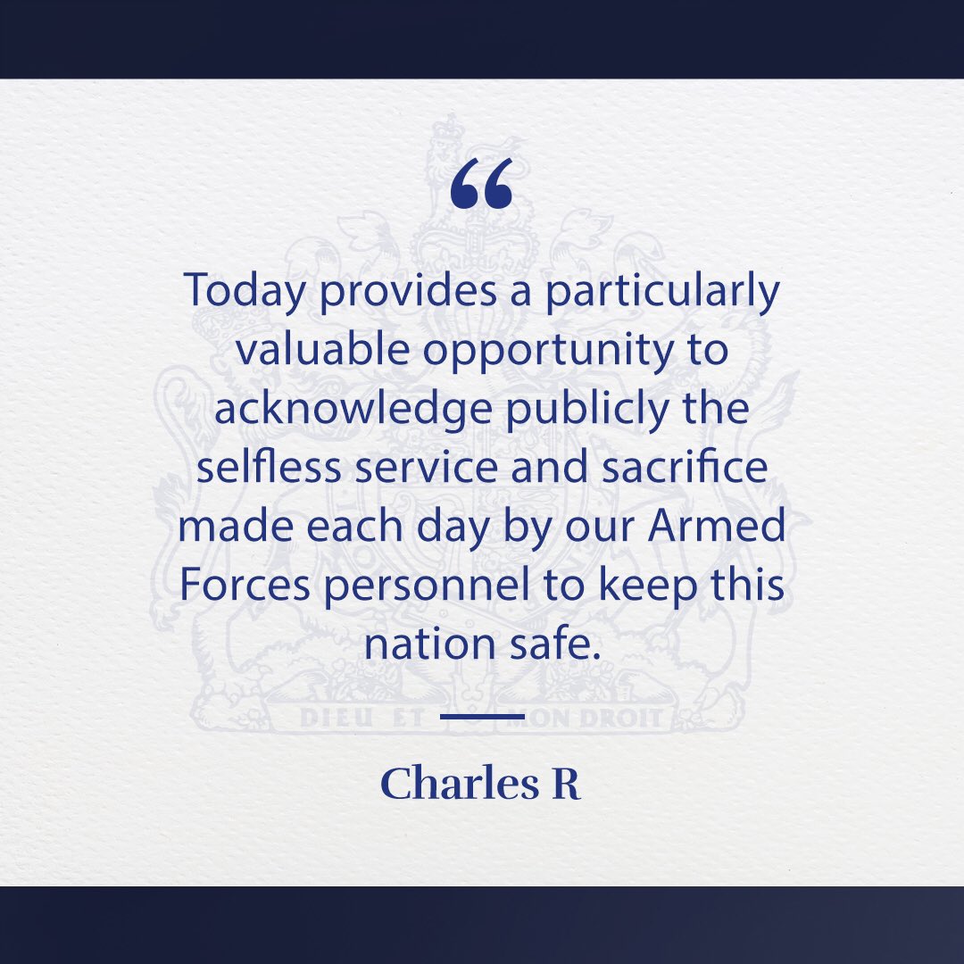 The King has sent warm wishes to the entire Armed Forces community in a message to mark #ArmedForcesDay.    🔗 Head to our website to read the message in full: royal.uk/news-and-activ…