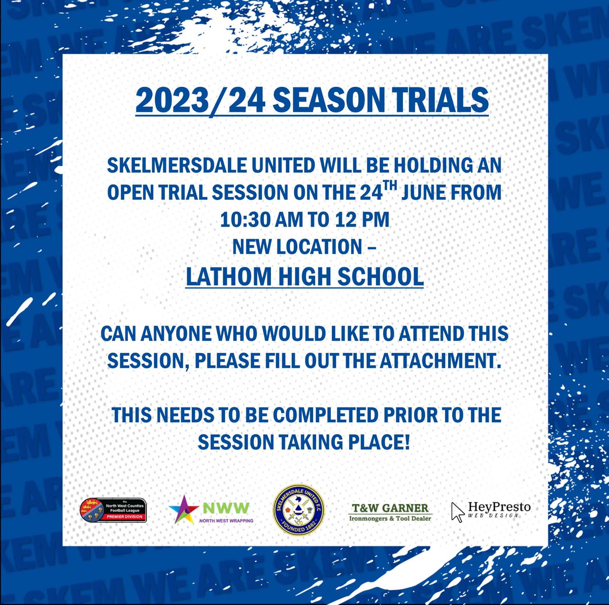 Open Trial Session

Hope to see you all down at Lathom High School this morning!! 

Don’t forget to fill out the form if you’re attending 

docs.google.com/forms/d/e/1FAI… 

#WeAreSkem
🔵⚪️