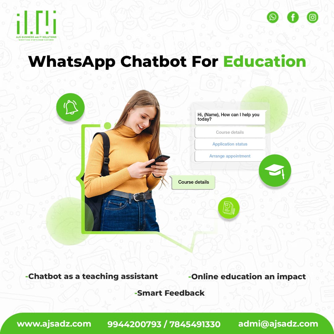 AJSGroups's tweet image. Building a WhatsApp chatbot for education can provide a convenient and accessible platform for students and educators to engage in learning activities. 

For More Details:
📲 - 9944200793
🌐- ajsadz.com

#whatsappbusinessapi #whatsappbulkmessage #WhatsAppChatbot