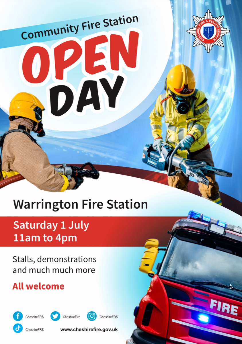 Only one week to go until our fire station open day! 🤩

📍 Warrington Fire Station, Winwick Road, WA2 8HH
🗓️ Saturday 1st July 2023
⏰ 11am-4pm

Fun activities and attractions free for all the family! Do not miss out 😃🚒