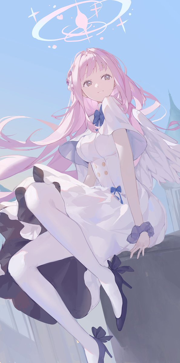 mika (blue archive) 1girl solo pink hair high heels long hair halo dress  illustration images