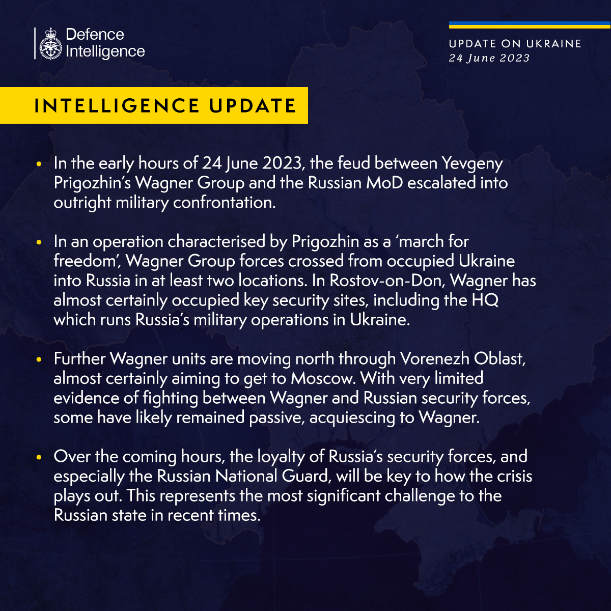 Latest Defence Intelligence update on the situation in Ukraine - 24 June 2023.

Find out more about Defence Intelligence's use of language: ow.ly/s3ez50OWlAF

🇺🇦 #StandWithUkraine 🇺🇦