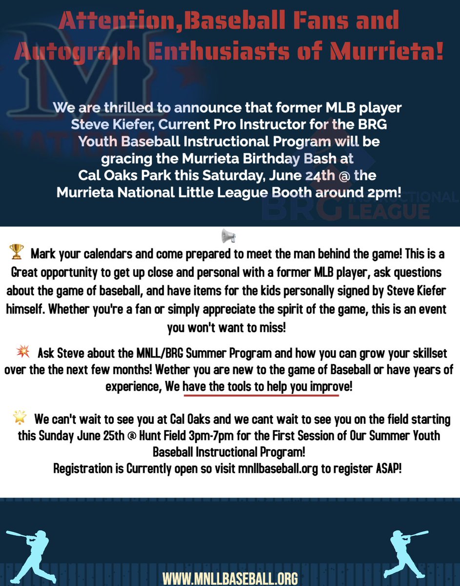 Happy Birthday Murrieta <a href="/CityOfMurrieta/">City of Murrieta</a> from your local  baseball community and villages. <a href="/mesa_baseball/">Murrieta Mesa Baseball</a> <a href="/MVHS_Baseball_/">Murrieta Valley Baseball</a> @MVBBNighthawks <a href="/BaseballVista/">Vista Murrieta Baseball</a> <a href="/mvPONYbaseball/">Murrieta Valley PONY Baseball</a> @InlandEmpireBCA <a href="/mnllbaseball/">Murrieta National Little League</a>