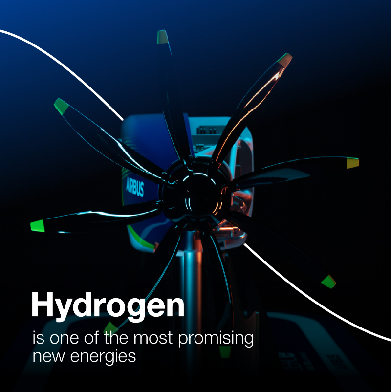 Airbus's tweet photo. #Hydrogen is one of the most promising energies for the decarbonisation of aviation. We're advancing new technologies through our #ZEROe initiative with the goal to bring a hydrogen-powered commercial aircraft to market by 2035. #ProgressWithPurpose