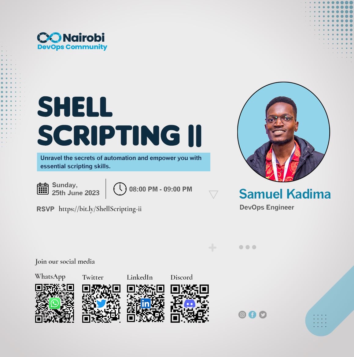 jumalaw98's tweet image. Join us for #ShellScriptingII, an exciting event by ⁦@nairobidevops⁩! 

Level up your skills in shell scripting and unlock the power of automation. 
RSVP now: bit.ly/ShellScripting… 🗓️🔥 Don&apos;t miss out on this unforgettable learning experience!  #DevOpsKE #DevOpsCommunity