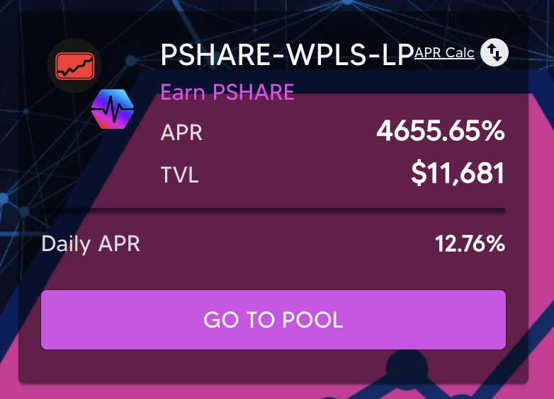 Hey #PulseChain  
12.76%  Daily APR  on $PSHARE- $WPLS Pool with zero fee and zero tax.

Stable Liqudity and less volatility
Best APY on <a href="/PulsechainCom/">PulseChain.com Ethereum fork including ERC20s</a> 

<a href="/PulseXcom/">PulseX</a> <a href="/RichardHeartWin/">Richard Heart</a> <a href="/thedailydegenhq/">The Daily Degen</a> <a href="/CJCJCJCJ_/">CJ the "Doughnut"</a> <a href="/CryptoPowerTalk/">David King</a> <a href="/Pulse_ChainNews/">Pulsechain News & Talk</a> <a href="/cryptoninjaz/">Crypto Ninja🥷</a> 
#HEX #btc #DeFi