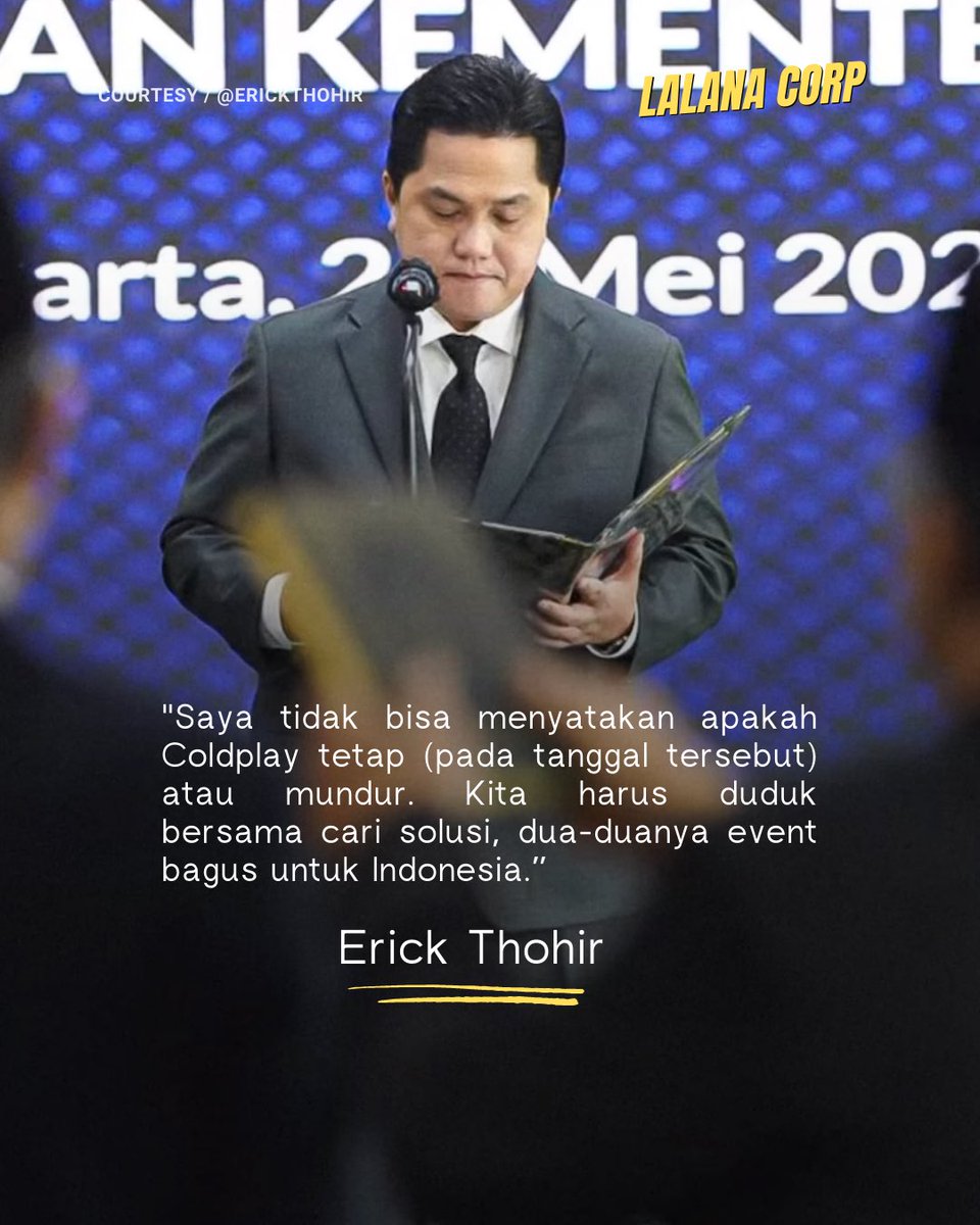 lalanacorp's tweet image. Erick Thohir tidak ingin gegabah dalam mengambil sikap terhadap agenda Piala Dunia U-17 2023 yang diisukan ‘bentrok’ dengan konser Coldplay. PSSI akan berusaha mencari jalan terbaik atas situasi yang mungkin kurang nyaman bagi industri musik dan olahraga ini.
-
#LLNCORP