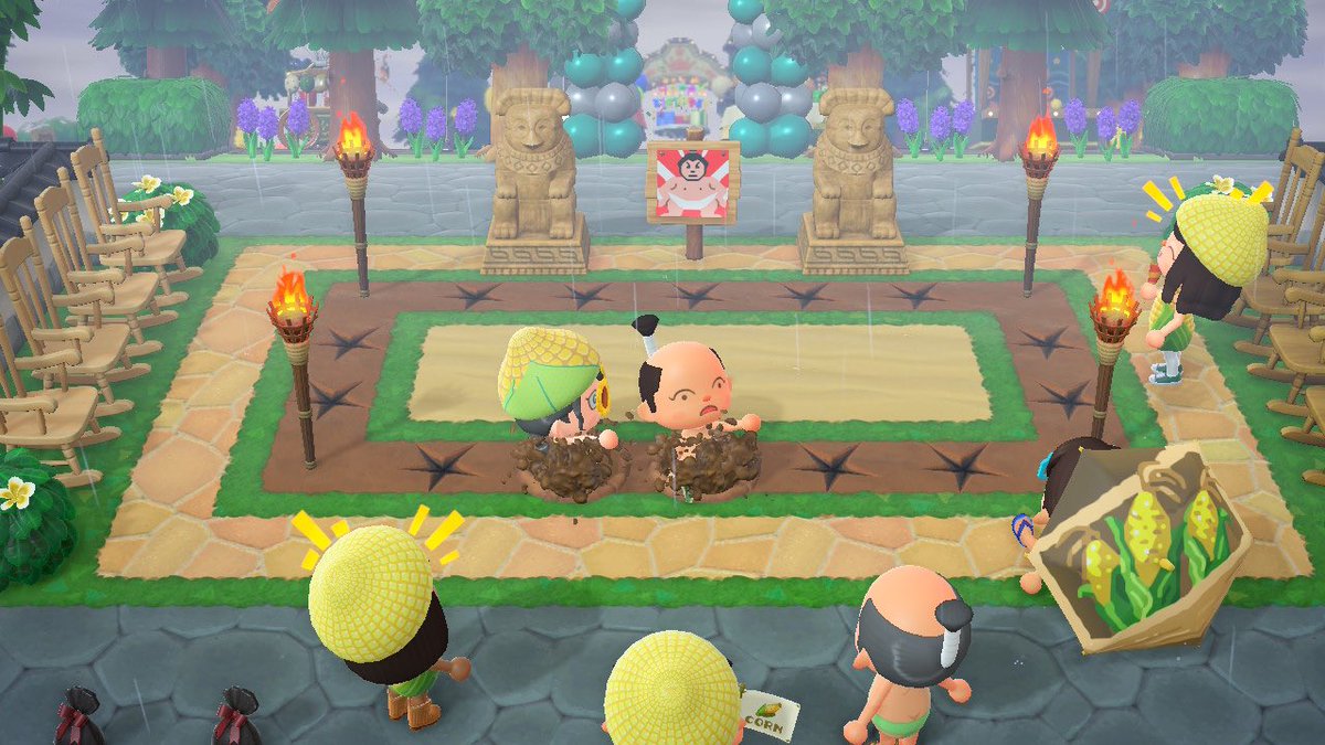 MoCrossingACNH's tweet photo. Here we are in Jane’s amazing recreation of my sumo ring, in which Larissa (green sumo) promptly defeated me (in red), then both Z and I went down in flames 😂…and later we got lost in Maize’s maze 🌽🌽🌽
#ChaoticFunIsTheBestFun #SumoForLife https://t.co/ukxs99Icl5