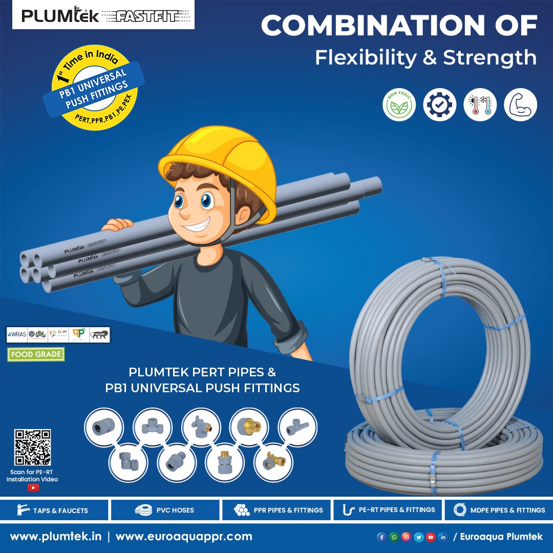 PlumtekMktg's tweet image. Plumtek PERT pipes &amp;amp; PB1 universal push fittings is a brand-new product which is introduced in India for the first time. It is an excellent choice for use in Residential and industrial areas.

#pert #pertpipe #universalpushfit