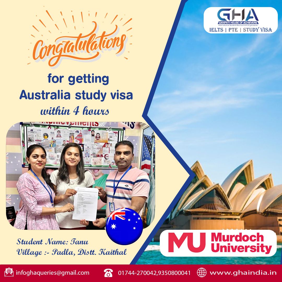 Congratulations to our recent Australia Study Visa Holder Ms. Tanu
 Murdoch University 
We wish you all the best for your future ahead.
Starting your processing today from us and fulfill your dream of studying abroad.

Thanks for Choosing Ganpati House of Achievers
#australiavisa