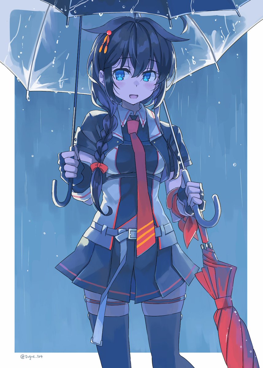 shigure (kancolle) ,shigure kai ni (kancolle) 1girl umbrella solo hair flaps braid blue eyes skirt  illustration images