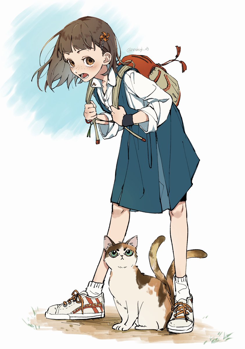 1girl backpack brown hair bag brown eyes cat shirt  illustration images