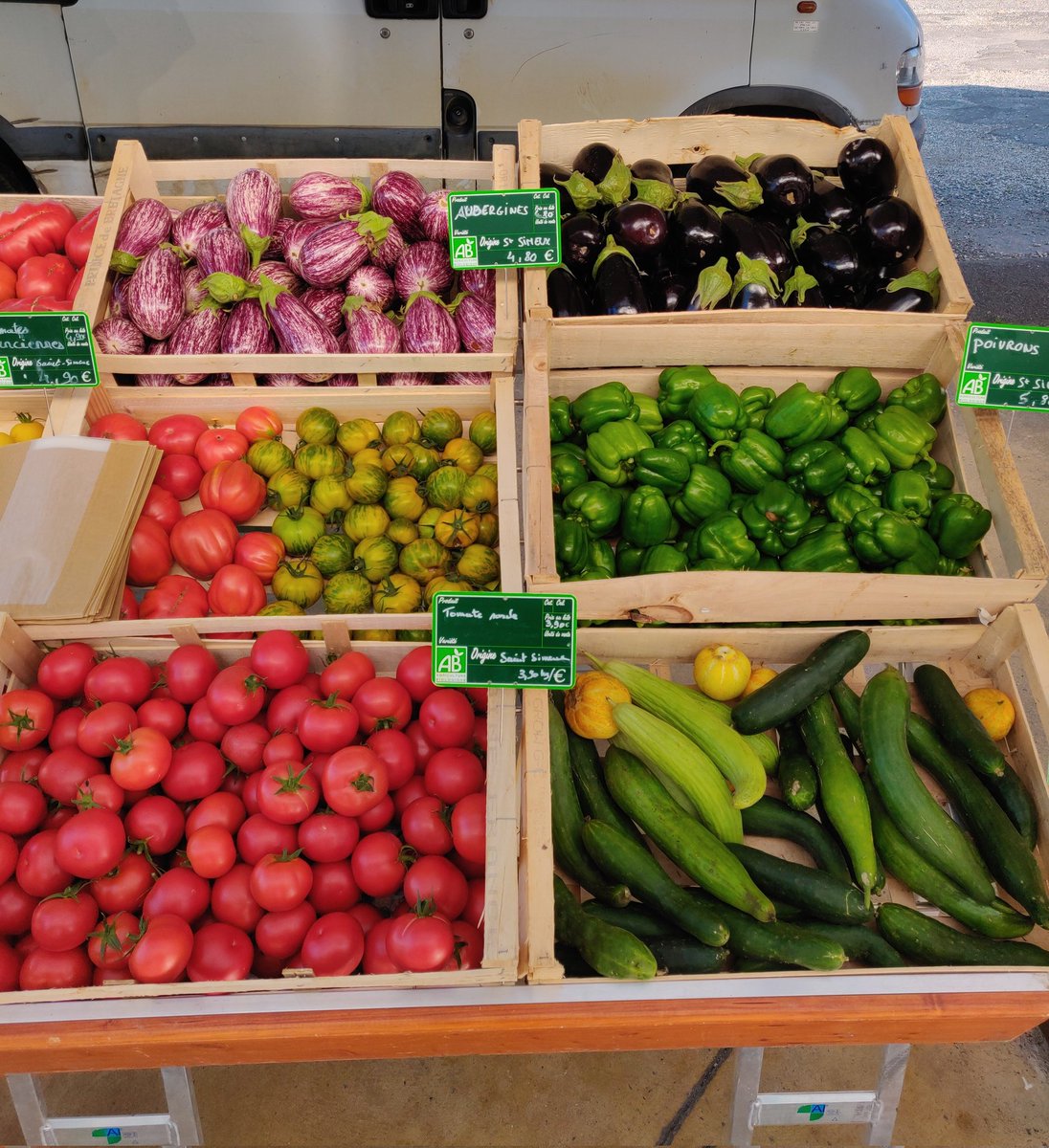 Les jolies couleurs de mes légumes d'été, 100% bio et biodynamie ! cultivés et récoltés à la main et pile à maturité 🍆🍅🧄🫑🥬🥒🥔🌞
Les premières tomates...mamamia elles sont délicieuses  🥹