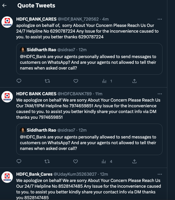 sidrao7's tweet photo. @HDFC_Bank Also, @HDFC_Bank, you clearly don't have any cyber-security systems in place. These are the replies to my tweet. They definitely seem like fake accounts, with multiple numbers. So what is this? See the screenshot. @HDFCBank_Cares https://t.co/IBQMCRdm8Q