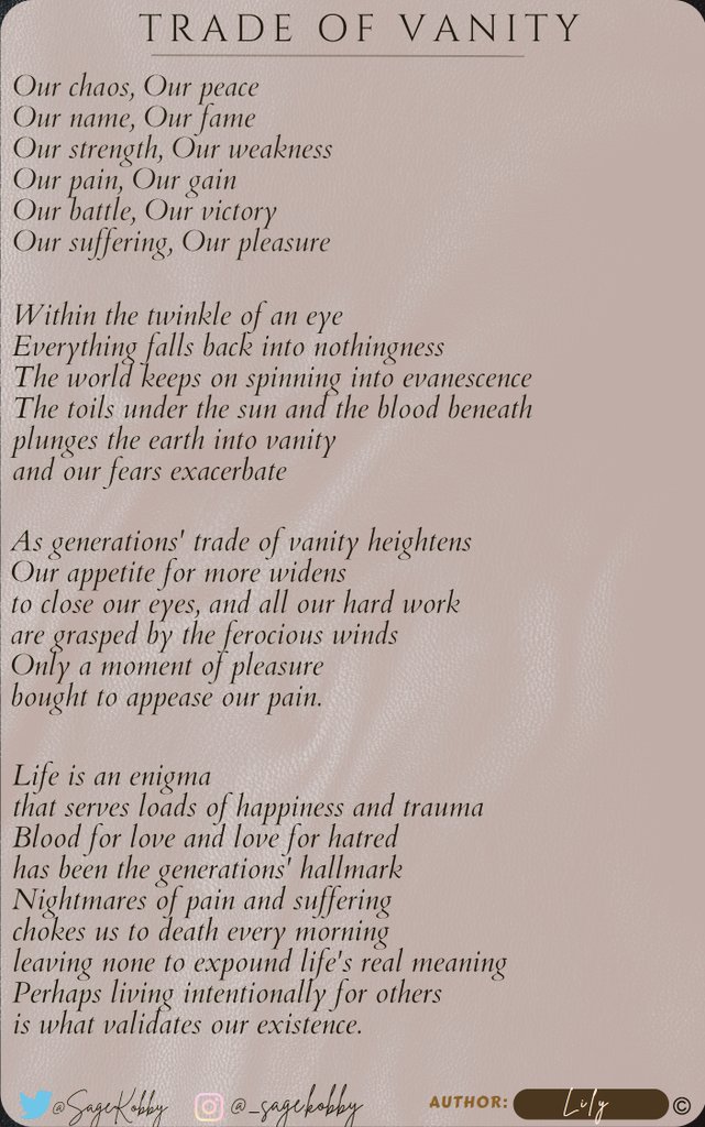 Trade Of Vanity-Lily
#poetry
#PoemADay
#POEMS
#LiteraturePosts
#Reality
#Philosophy
#lifelessons