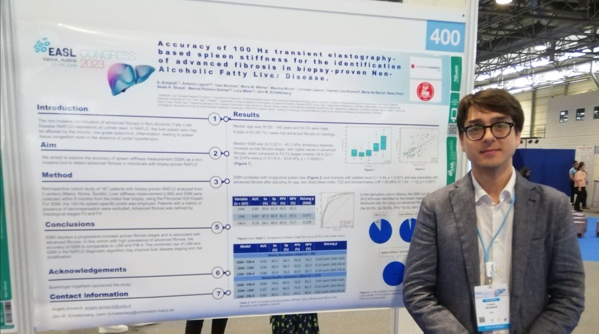 Happy to present at #EASLcongress #EASL2023 the interim results on our study on 100 Hz #spleen #stiffness measurement in a multi-center cohort of biopsied #NAFLD patients for the detection of advanced #fibrosis! Great perspectives!! @lmiele74 @schattenbergJ @mromerogomez