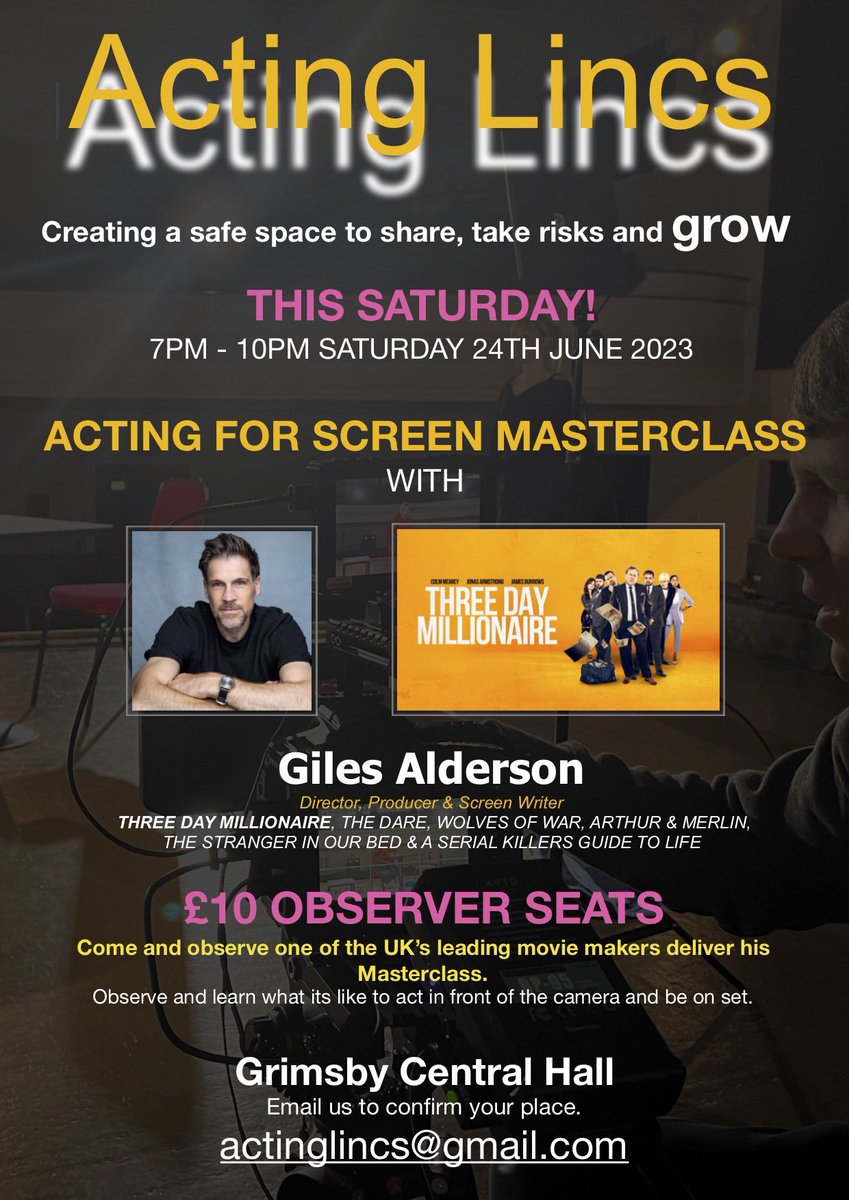 It’s TONIGHT!!! We can still welcome you to Observe our Professional Actors be put through their paces by movie producer and director @GilesAlderson 

#actingforscreen #acting #actor #drama #actingclass