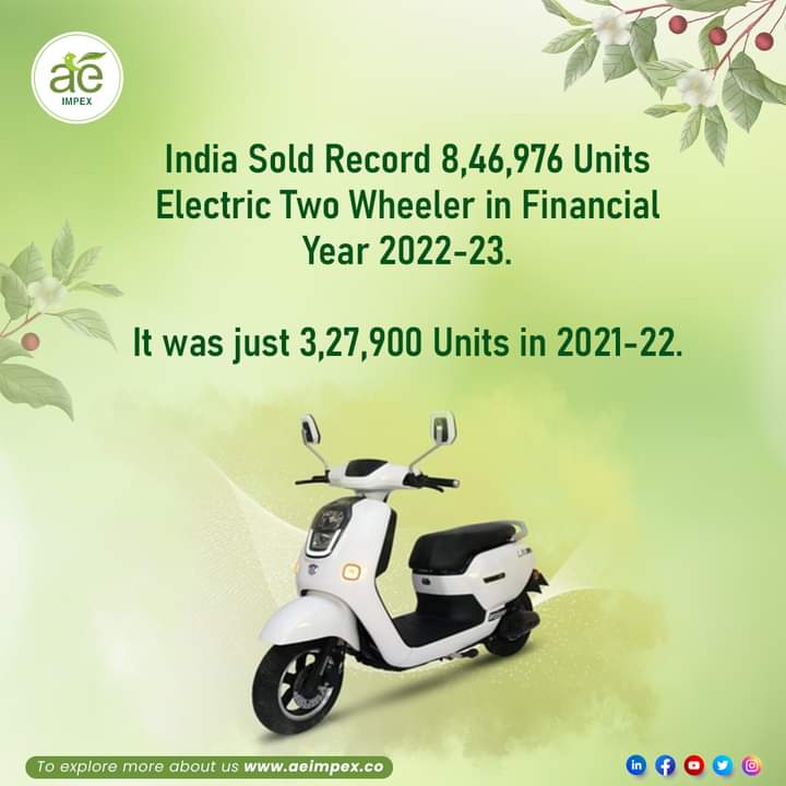 ae_impex's tweet photo. India Sold Record 8,46,976 Units of Electric Two Wheelers in Financial Year 2022-23
It was just 3,27,900 Units in 2021-22.
#AEIMPEX #EVScooter #ElectricMotorcycle #GreenRide #ZeroEmissions #EcoFriendly #CleanEnergy #SustainableTransportation #ElectricMobility #ElectricBikes https://t.co/fjn2uzaFog