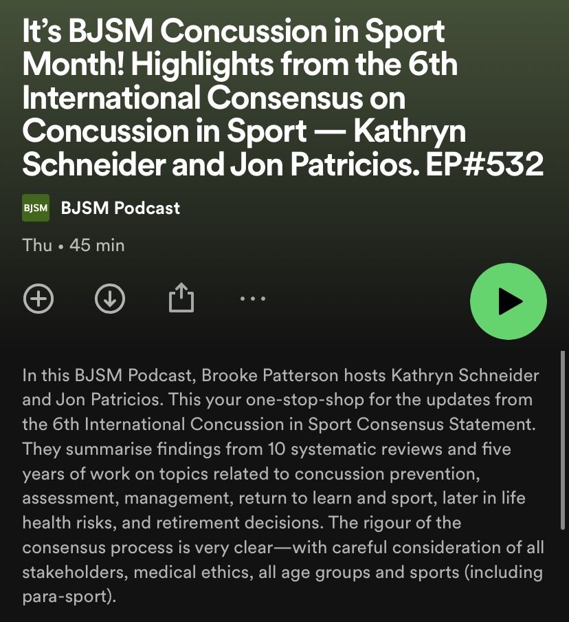 BJSM_BMJ's tweet photo. 🚨Don't have time to read the full #ConsensusStatement on concussion? 🙋‍♀️We've got you covered ✅

NEW #BJSMPodcast summarises the findings from the 6th International Consensus on Concussion in Sport 🧠 🎧

#ConcussionInSport #BJSMConcussionMonth

LISTEN 👉 https://t.co/KgUP03xeVp https://t.co/NHt1m3MjCc