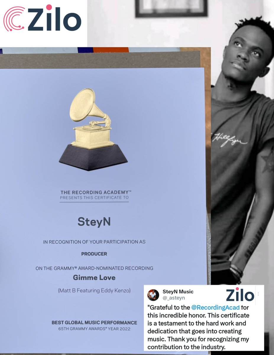 Zilo_Media's tweet photo. Producer Asteyn also known as Steyn music is overwhelmed with joy after receiving a certificate from the Recording academy recognizing his efforts. 
Steyn worked with Eddy Kenzo and American star Matt B on a project called Gimme Love that scooped a nomination in the GRAMMYs 2022. https://t.co/0DZYWj32Os