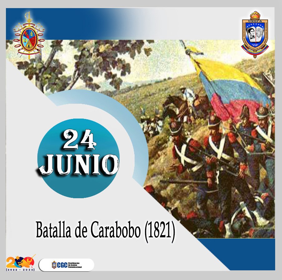 24 Jun || Un día como hoy, en 1821, las fuerzas lideradas por Simón Bolívar derrotaron al ejército español, asegurando la independencia de Venezuela. ¡Celebremos la valentía y el coraje de aquellos que lucharon por nuestra libertad! #BatallaDeCarabobo #VenezuelaLibre 🇻🇪💪