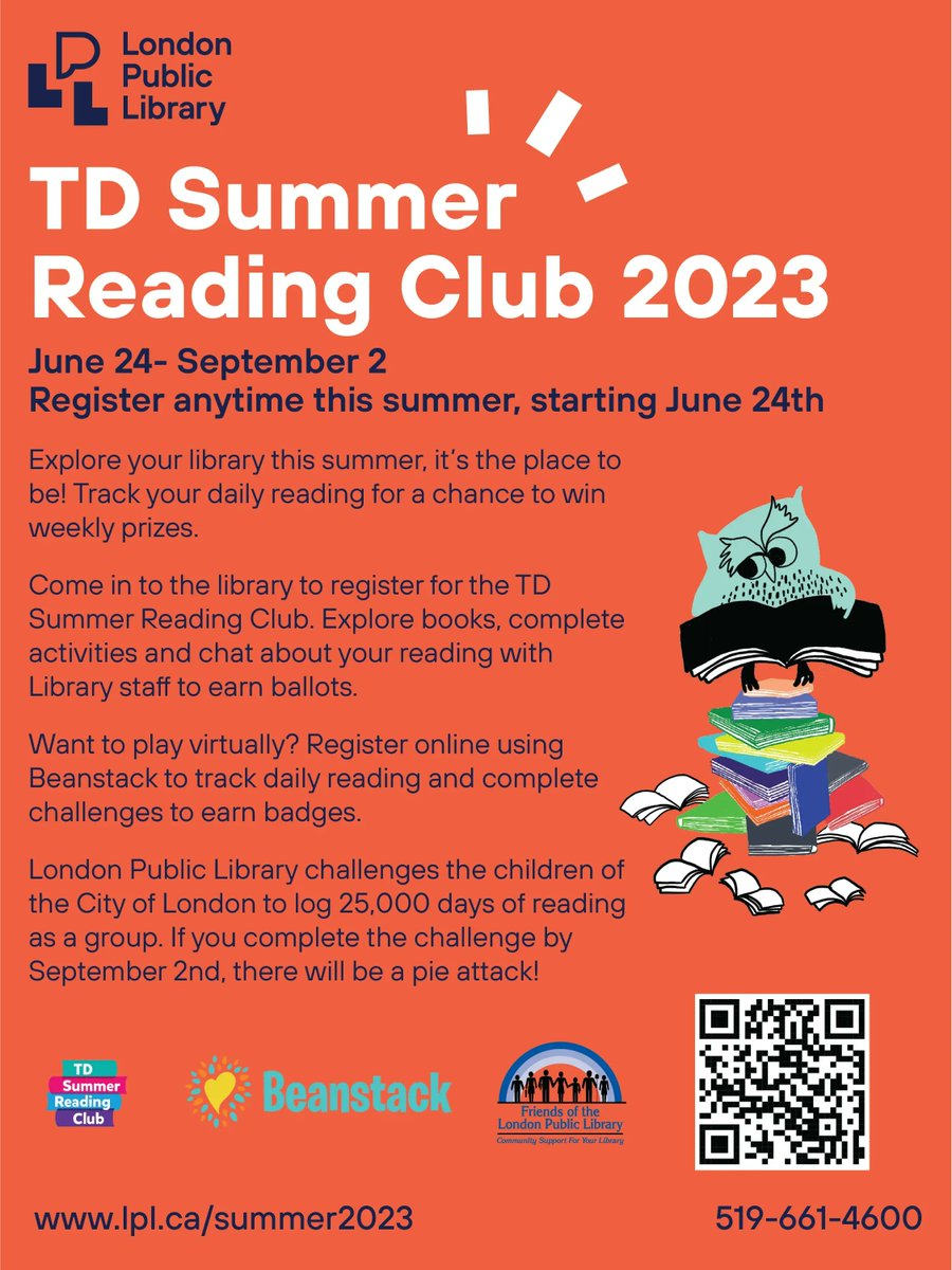 Today is the day! Registration opens for TD Summer Reading Club for kids (pre-readers to 12 years). Drop in to any #LdnOnt library location today (or anytime this summer) to sign up and get started!

More about Summer 2023 at the Library: lpl.ca/whats/summer-2…