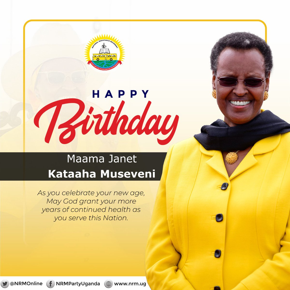 Kiwanda Godfrey Ssuubi (@ssuubikiwanda) on Twitter photo Happy birthday, Mama Janet.
We call you Mum by Choice.
Your behaviour, your love to the Almighty God, and strong zeal for humanity(obuntu) make you a special person in our lives. <a href="/KagutaMuseveni/">Yoweri K Museveni</a>
<a href="/JanetMuseveni/">Janet K Museveni</a>
<a href="/NRMOnline/">NRM Party</a> Happy birthday, Mama Janet.
We call you Mum by Choice.
Your behaviour, your love to the Almighty God, and strong zeal for humanity(obuntu) make you a special person in our lives. <a href="/KagutaMuseveni/">Yoweri K Museveni</a>
<a href="/JanetMuseveni/">Janet K Museveni</a>
<a href="/NRMOnline/">NRM Party</a>